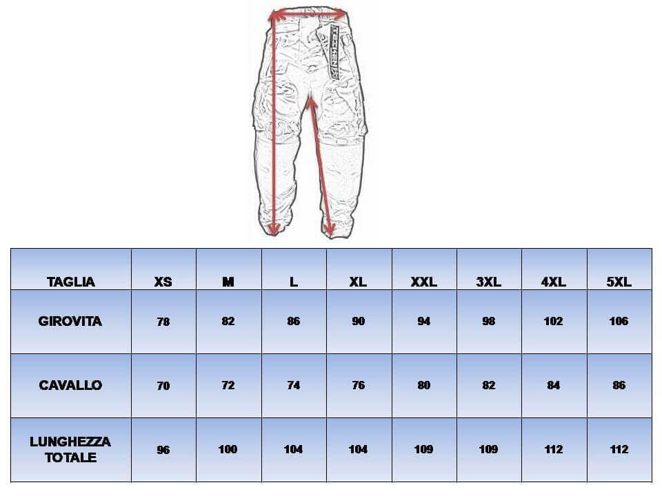 Tableau de sélection pour la taille des pantalons de moto.