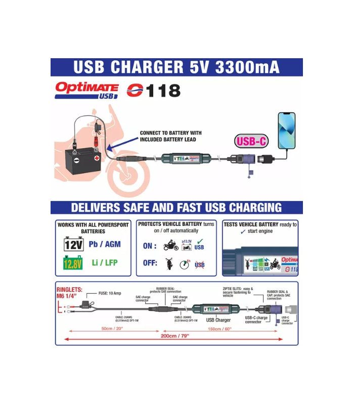 Tecmate CHARGER USB-C 3.3A SAE
