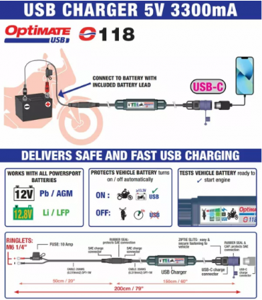 Tecmate CHARGER USB-C 3.3A SAE